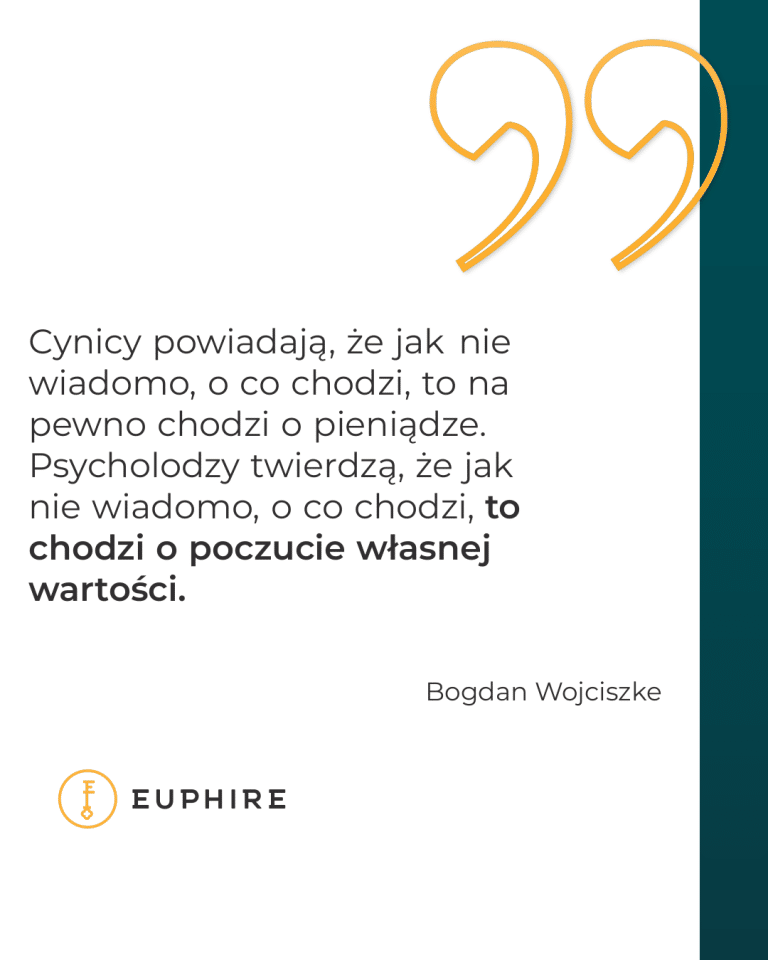 „Cynicy powiadają, że jak nie wiadomo, o co chodzi, to na pewno chodzi o pieniądze. Psycholodzy twierdzą, że jak nie wiadomo, o co chodzi, to chodzi o poczucie własnej wartości.” - Bogdan Wojciszke